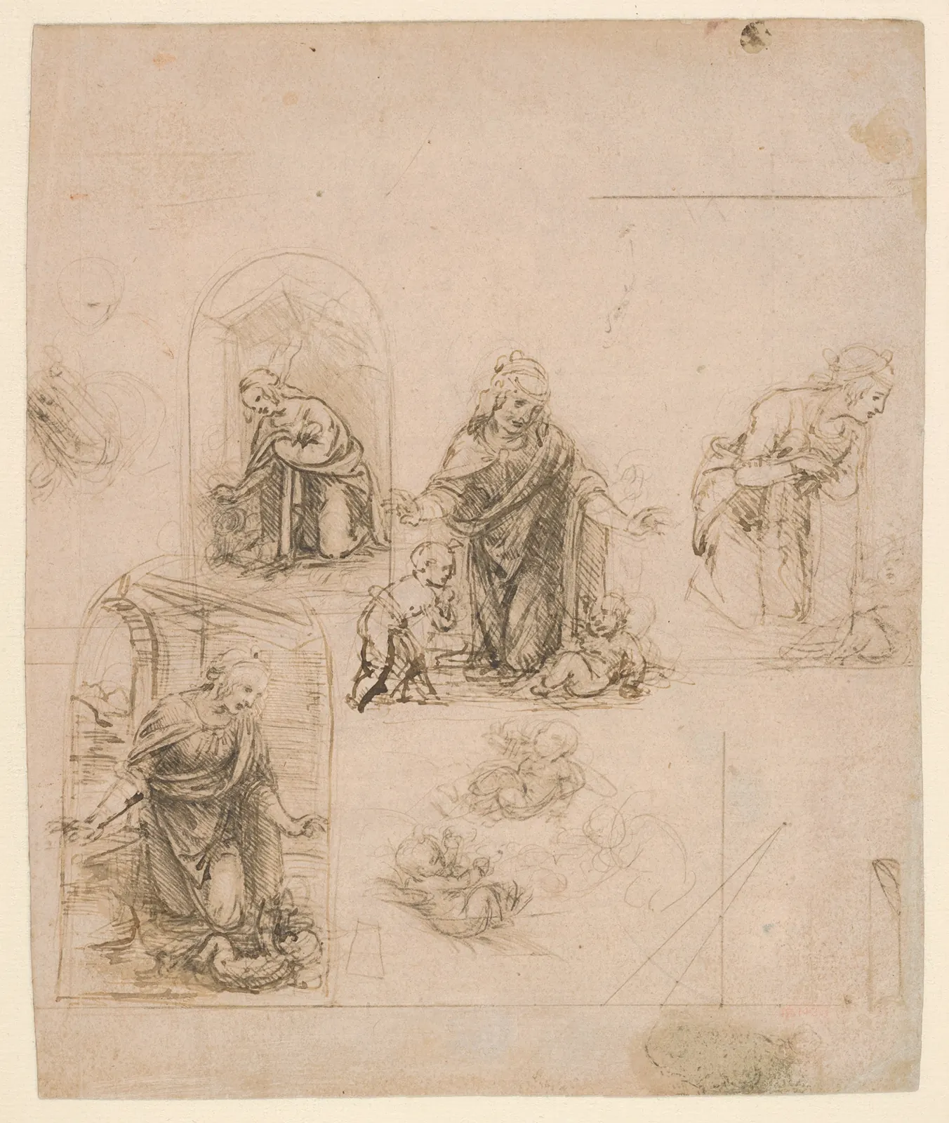 Σχέδια του Leonardo da Vinci με μορφές, σημειώσεις και προοπτικό διάγραμμα, ως εικόνα παρατήρησης και κατανόησης