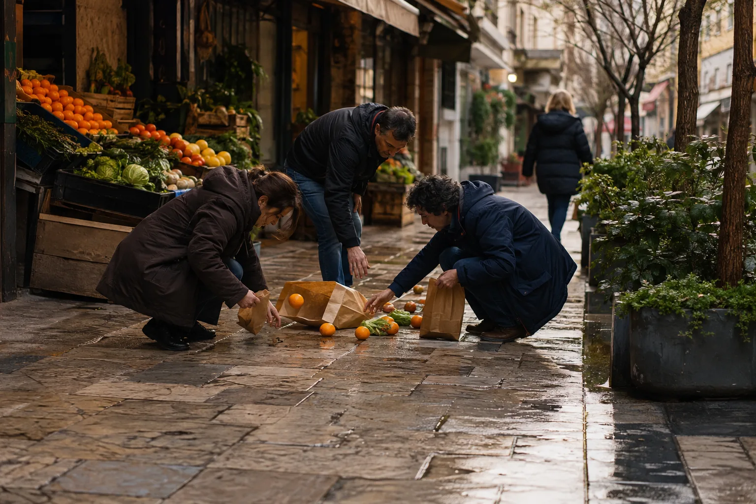 Τρεις άνθρωποι μαζεύουν μαζί ψώνια που έπεσαν σε ένα βρεγμένο πεζοδρόμιο