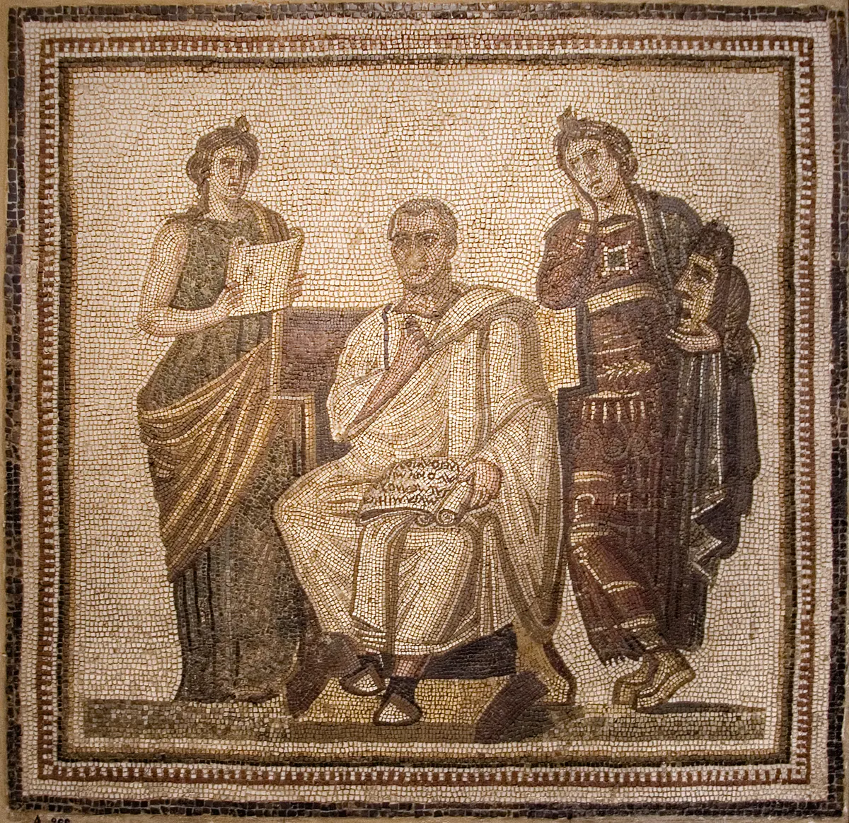 Αρχαίο ψηφιδωτό με τον Βιργίλιο καθισμένο ανάμεσα στις Μούσες
